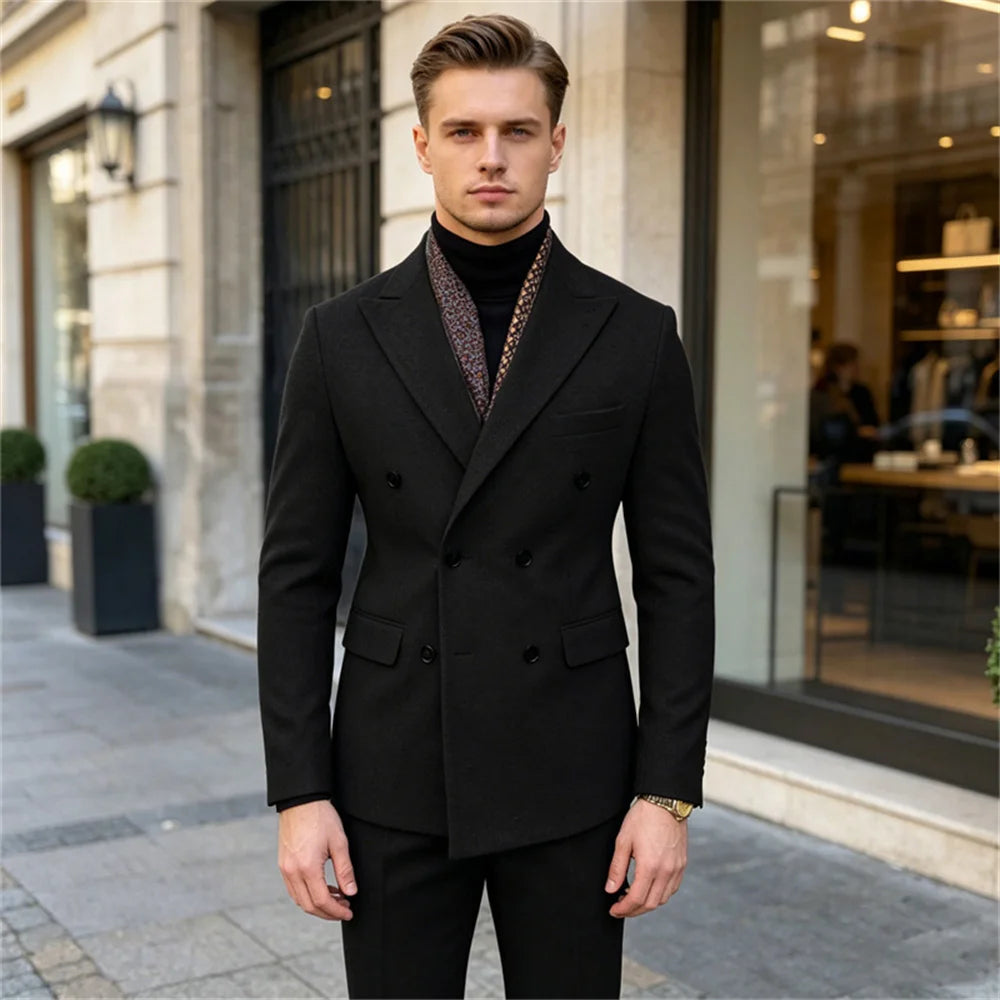 Wool Blend Men's 2 Piece Suit Set（Jacket+Pants) Double Breasted Lapel Suit Set Wedding Prom Dinner Wrok Travel Dinner Banquet