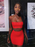 Women's New Sexy Sleeveless Strap Small Tank Top Short Top Fashion Wrinkle Bag Hip Skirt Two Piece Set
