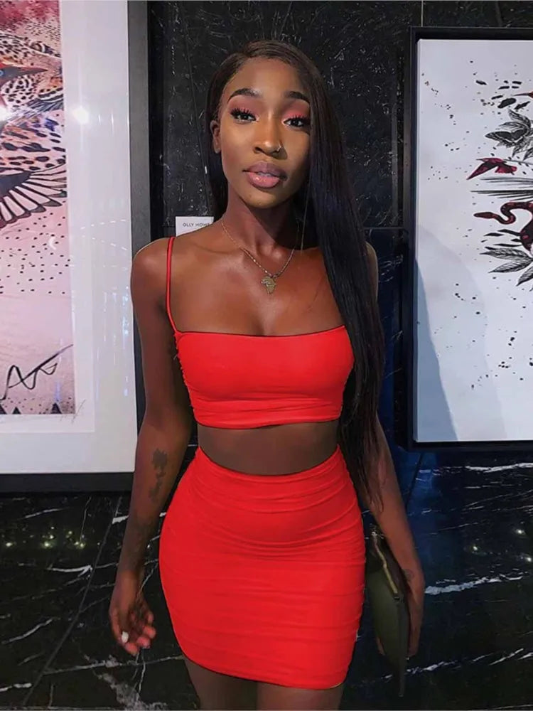 Women's New Sexy Sleeveless Strap Small Tank Top Short Top Fashion Wrinkle Bag Hip Skirt Two Piece Set