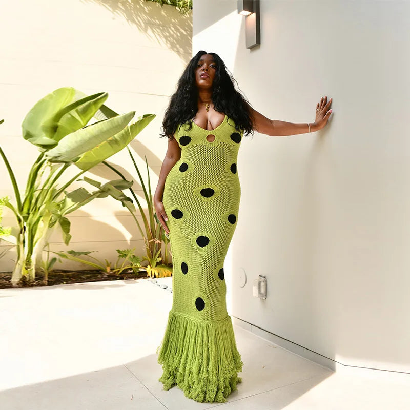 Women Sexy See Through Knitted Maxi Dress Hollow Out Deep Neck Pot Robes Tassel Hem Fork Party Vestidos 2025 New Lady Club Gown