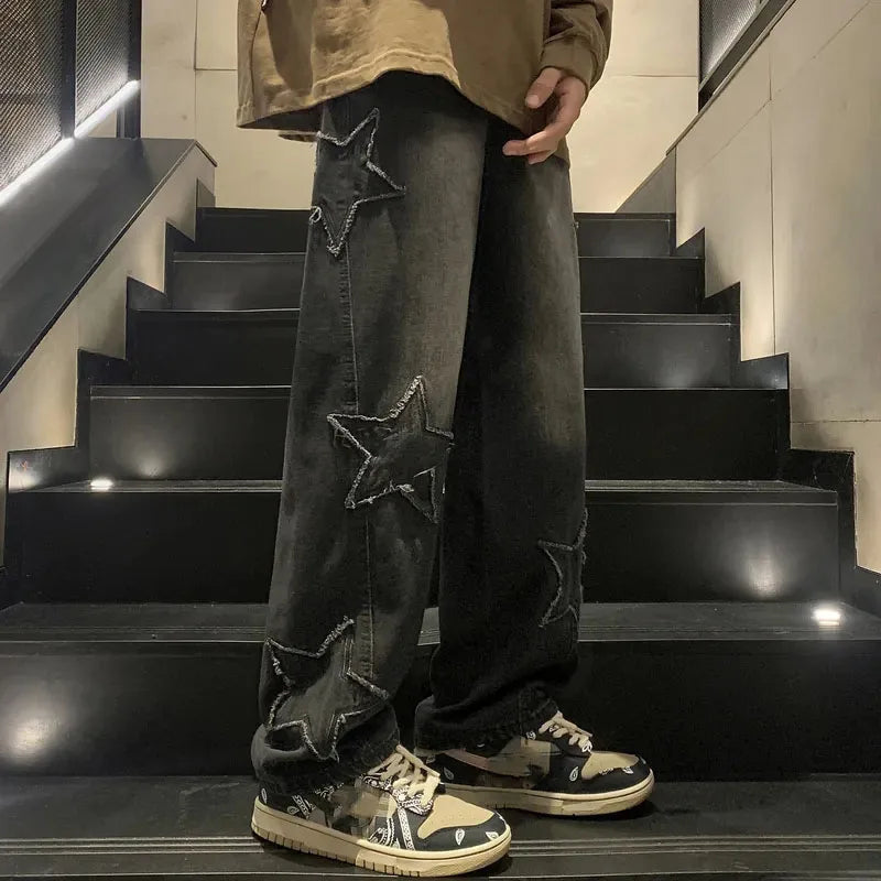 Xpqbb Y2K Vintage Streetwear Jeans Women Harajuku Star Aesthetic Wide Leg Denim Trousers High Waist Unisex Couple Straight Pants