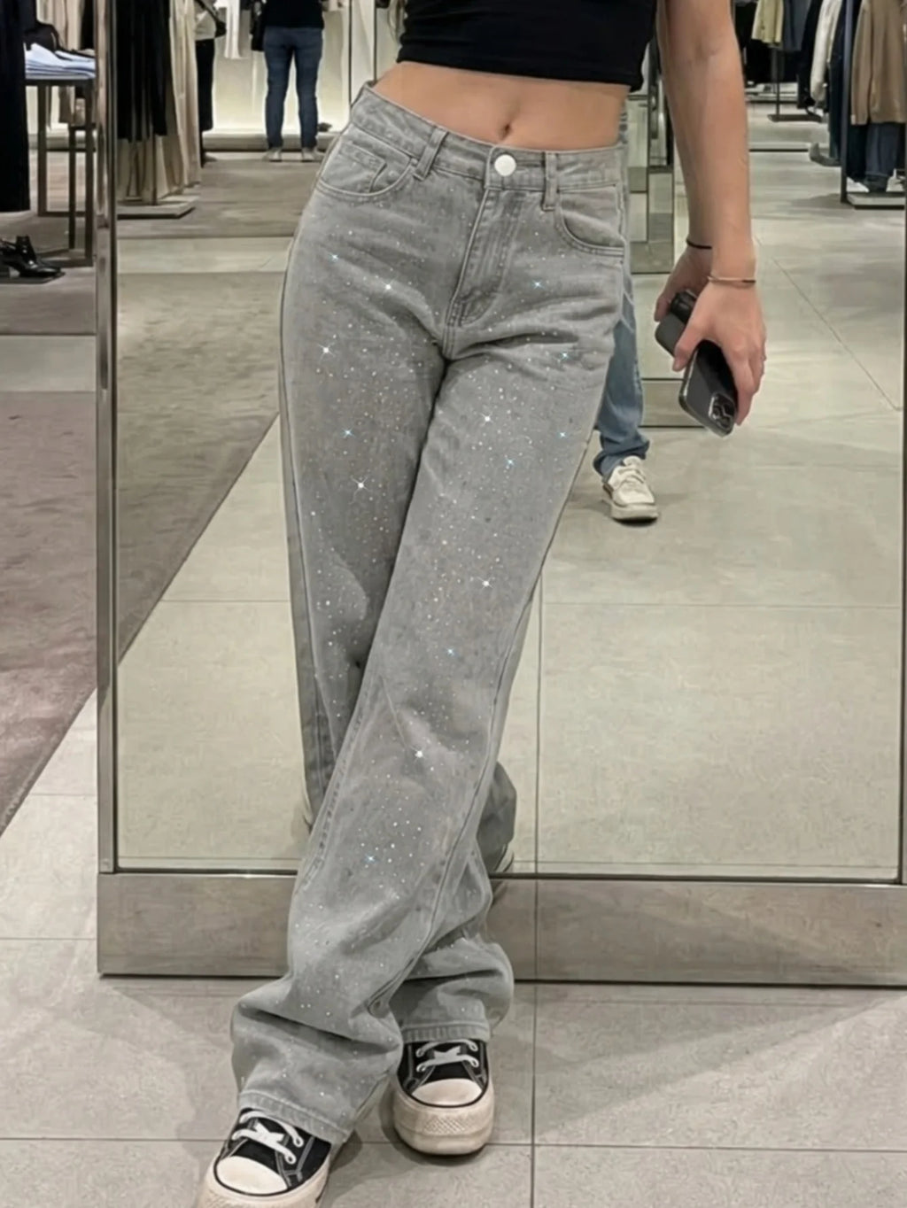 Women's Glittering Embellished Wide-Leg Pants Snowflake-Washed Denim Long Trousers Stretchy Fashionable Casual Pants