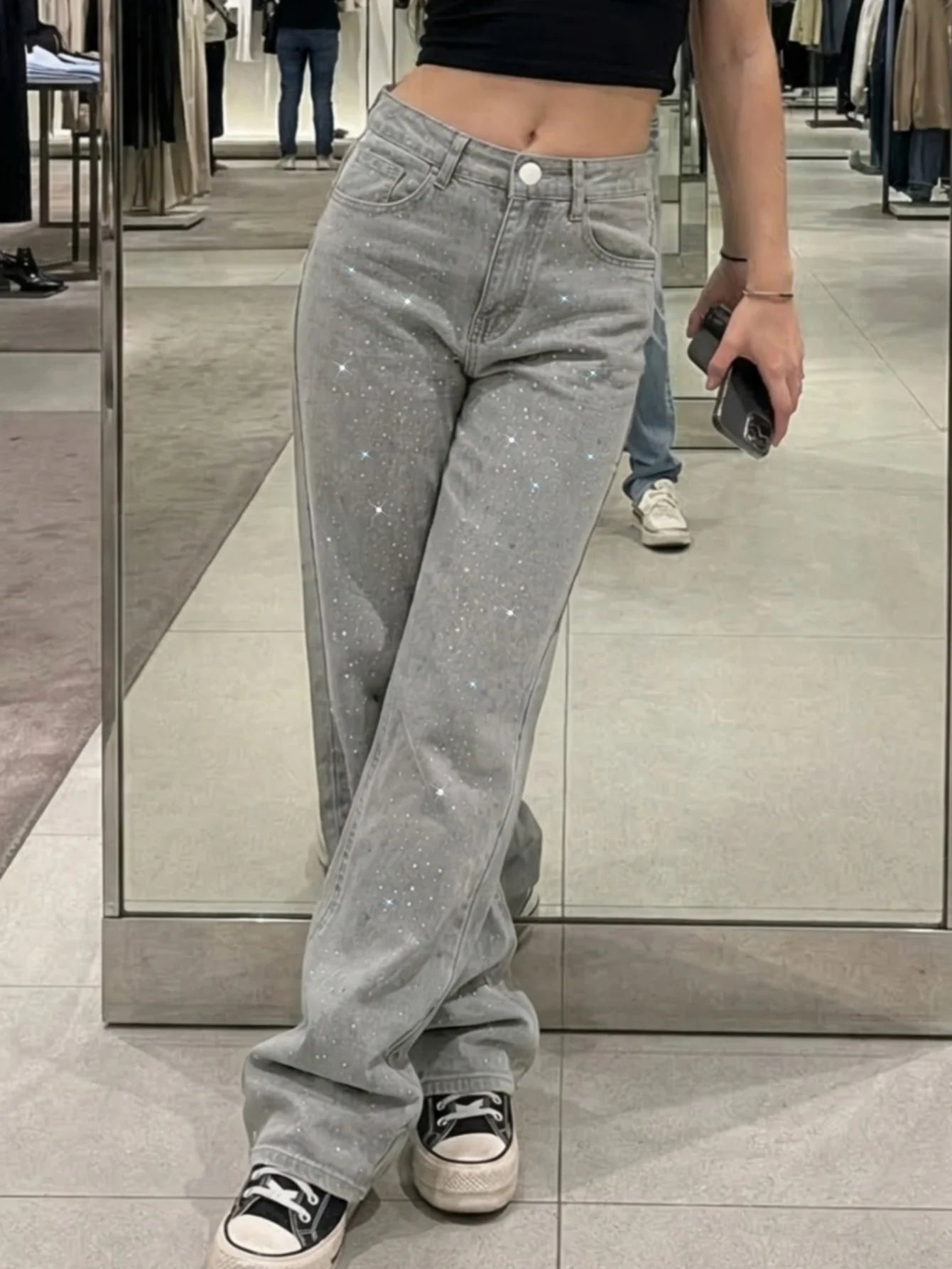 Women's Glittering Embellished Wide-Leg Pants Snowflake-Washed Denim Long Trousers Stretchy Fashionable Casual Pants