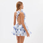 Elegant Floral Print Puff Sleeve Ball Gown Mini Dress Women 3D Flower V-neck Summer Beach Dresses Chic Holiday Evening Vestidos