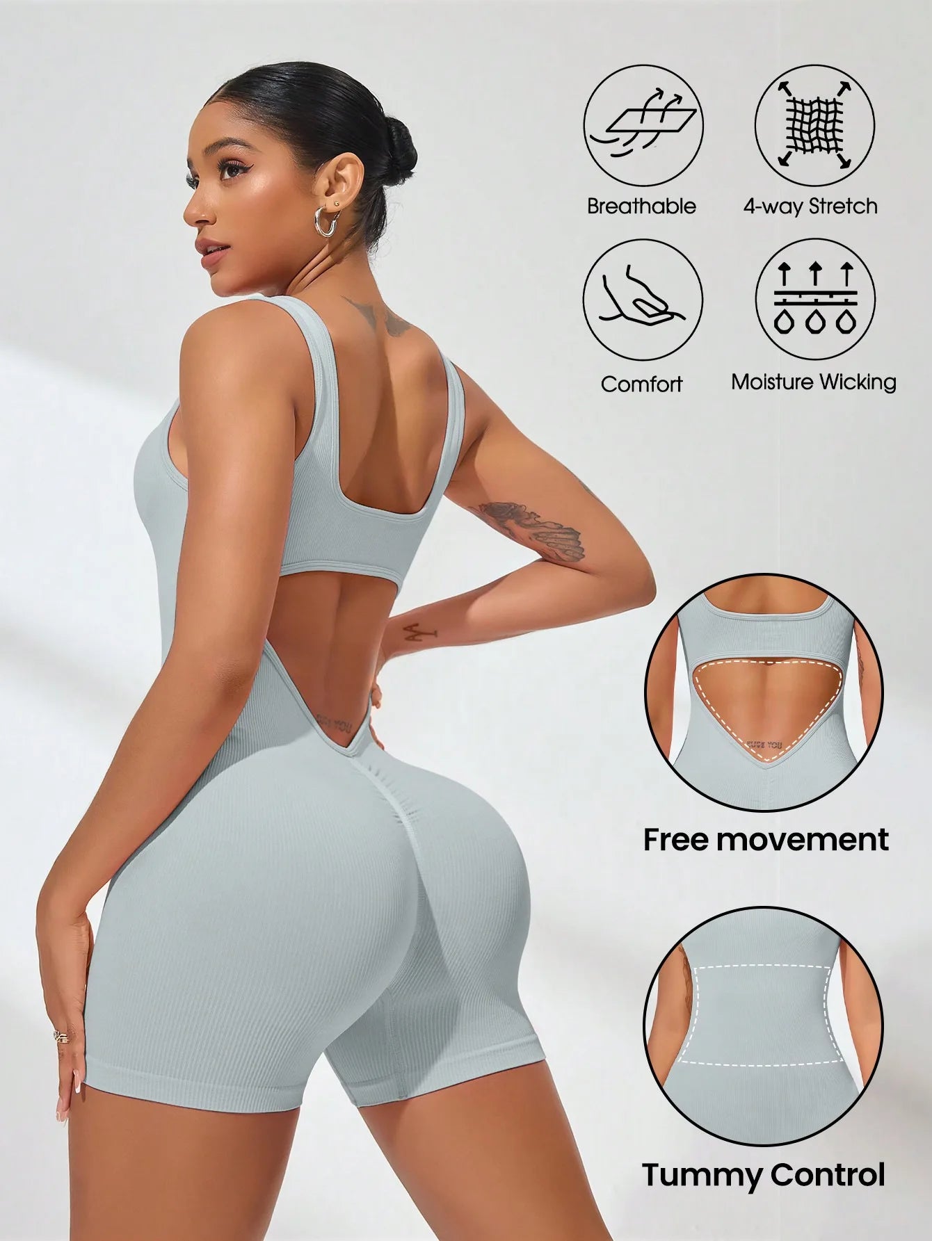 Sexy Backless Women Yoga Rompers U Neck Sleeveless Threaded Jumpsuit Solid Color Elastic Bodysuit Without Bust Pads Streetwear