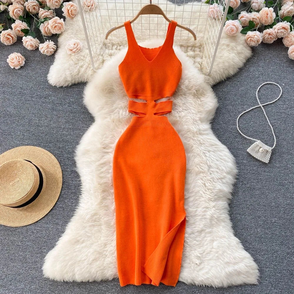 YuooMuoo Women Dress Sexy Cut Out Waist Package Hips Split Bodycon Dress Summer Fashion Lady Knitted Party Vestidos Sundress Main image