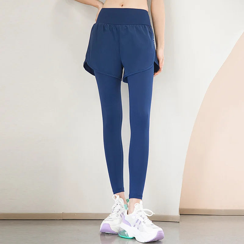 Women's Gym Leggings Elastic High Waist Fake Two Pieces Yoga Pants With Pockets Sportswear Running Tights Gym Yoga Wear