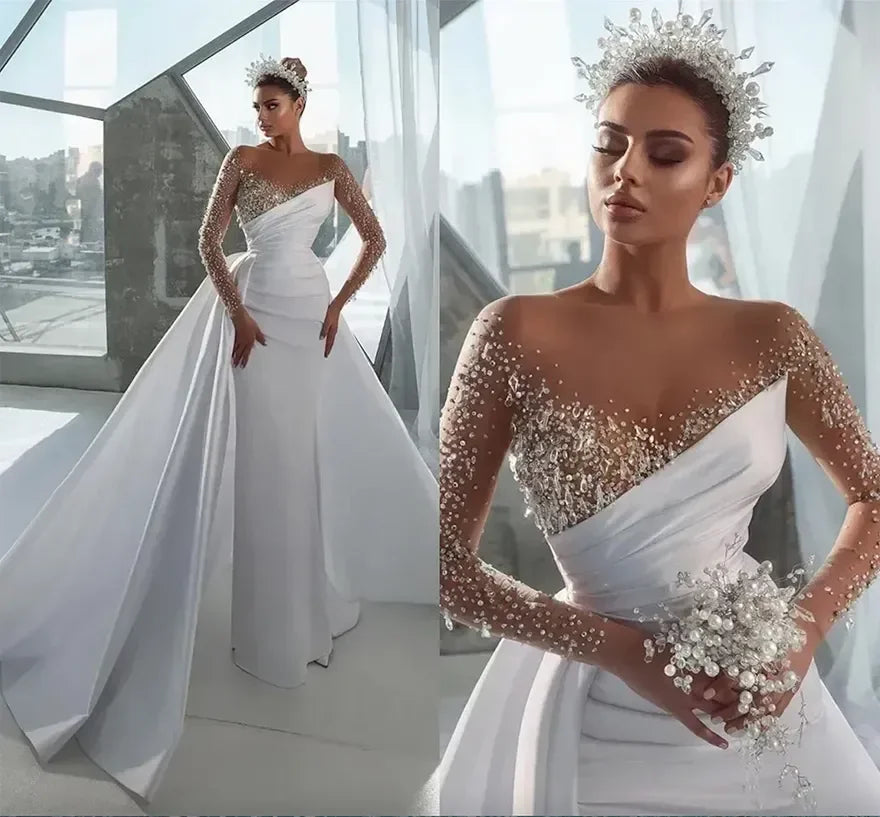 Custom Sexy Sheer Long Sleeve Crystals Jewel Neck Mermaid Wedding Dresses Beads Arabic Dubai Bridal Gowns with Detachable Skirt Main image