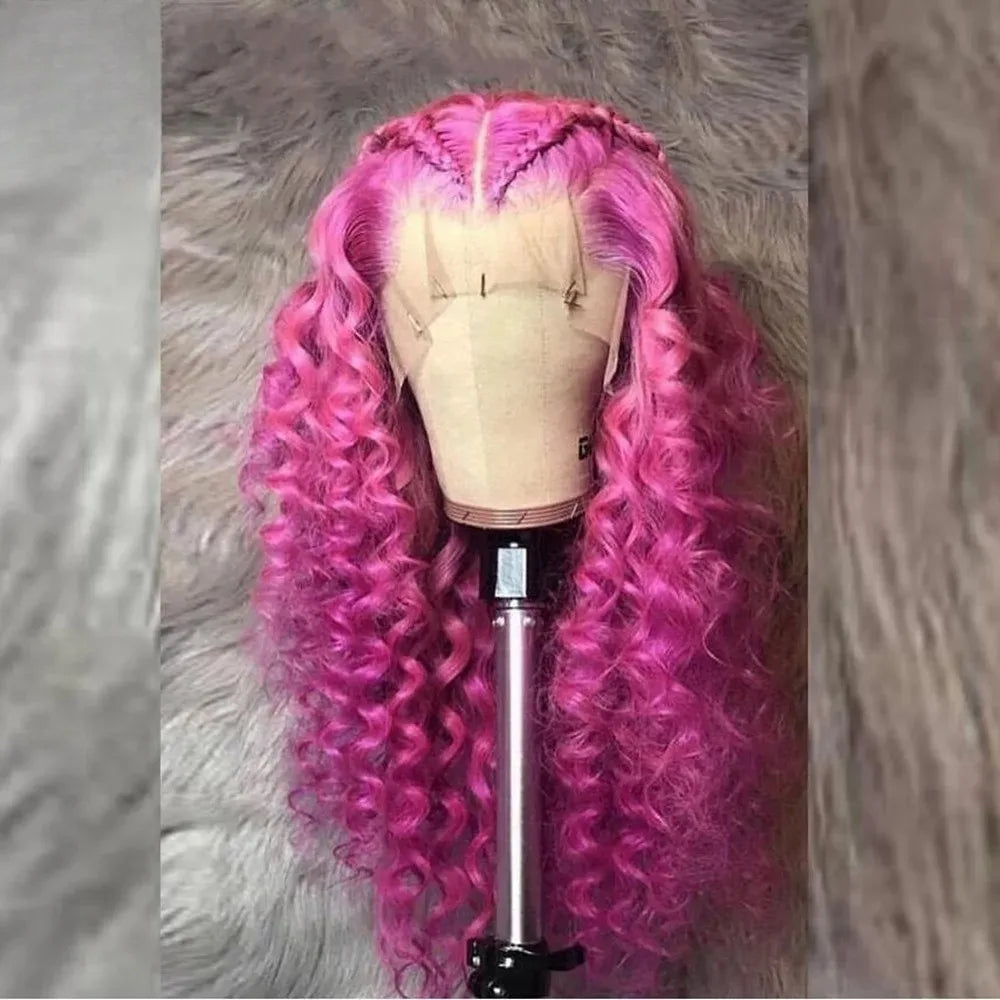 Rose Pink Small Curls Lace Front Wig 13x4 HD Deep Wave Frontal Wig for Women Synthetic Lace Frontal Wig Pre Plucked Daily Secondary image