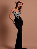 Women Sexy Strapless Beading Rhinestone Black Maxi Long Summer Bodycon Bandage Dress 2025/2026 Elegant Evening Club Party Dress