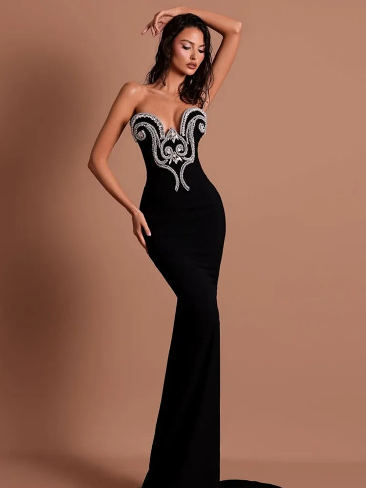 Women Sexy Strapless Beading Rhinestone Black Maxi Long Summer Bodycon Bandage Dress 2025/2026 Elegant Evening Club Party Dress