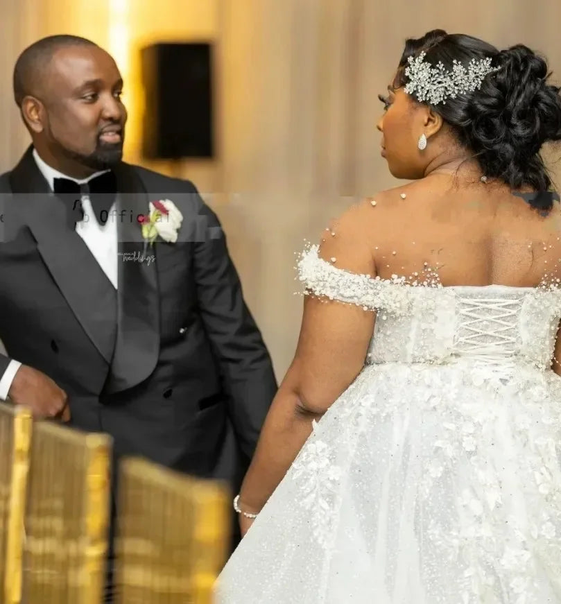 Customized Wedding Dress For Bride 2026 Sheer Neck Lace Up Back Major Beading Sequins Pearls Plus Size Women Africa Bridal Gowns