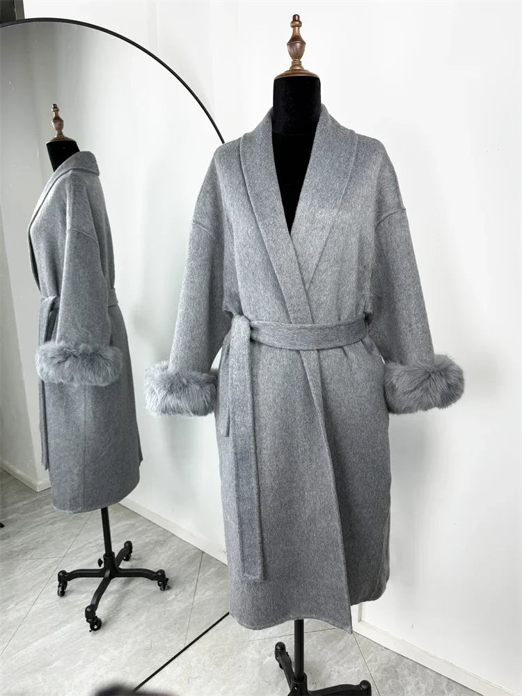 Elegant Lace Up Woolen Short Coat Solid Loose Lapel Furry Belt Long Sleeve Jacket Female 2025 Autumn Winter Lady Chic Cardigan