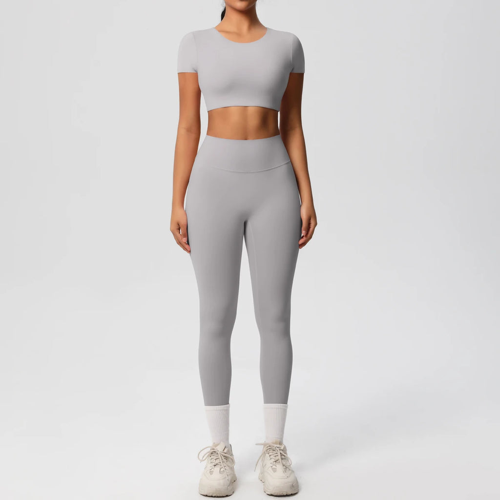 2PCS Woman Gym Sports Yoga Set Knitted Slim Workout Top Short Sleeve Quick Drying Legging Fitness Pants Running Sports Yoga Suit