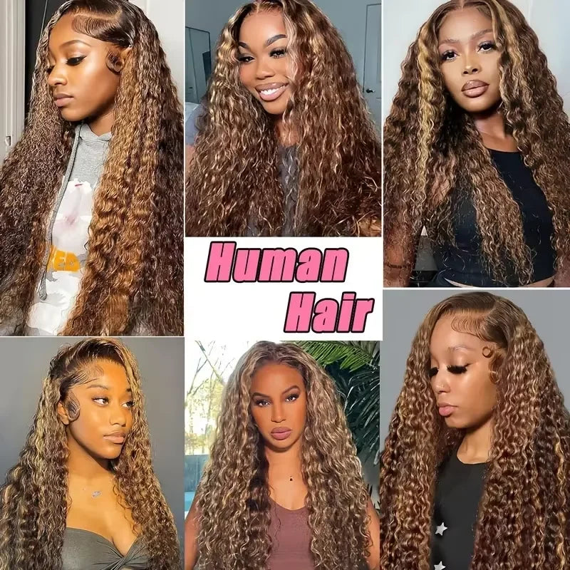 250Density Deep Wave Human Hair Wig 360 Full Lace Front with Hidden Strap 4/27 Blonde Highlights Pre Plucked Brazilian Curly Wig
