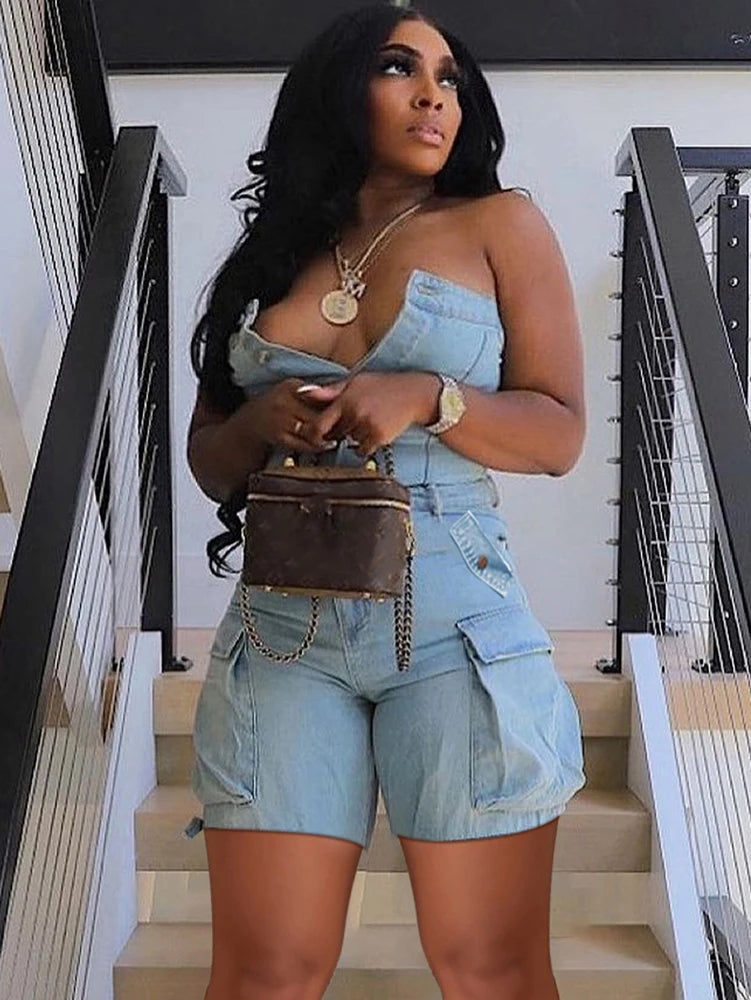 Sexy Strapless Button up Denim Romper Women Short Overalls 2025 Summer Street Casual Sleeveless Cargo Jean Jumpsuit with Pockets Secondary image