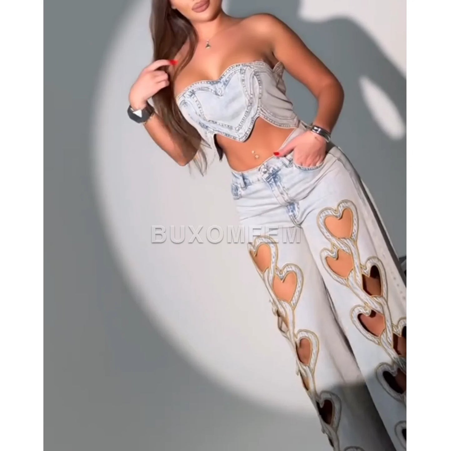 High Waisted Heart-Shaped Hollow Straight Leg Jeans Set Women's Loose Jeans Streewear Stylish Wide Leg Trousers Denim Pants