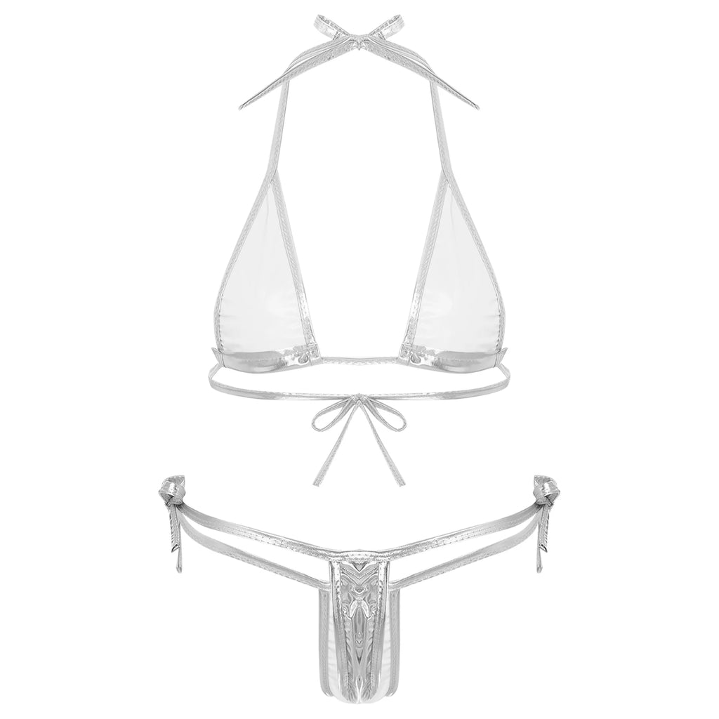 Womens Brazilian Micro Bikini Swimsuit Biquini Set Lacing Non-Padded Triangle Cup Bra Top with G-String Metallic Shiny Swimwear