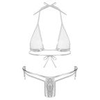 Womens Brazilian Micro Bikini Swimsuit Biquini Set Lacing Non-Padded Triangle Cup Bra Top with G-String Metallic Shiny Swimwear