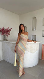 Color Blocked Knitted Long Dress Women Elegant Off Shoulder Corset High Split Vestidos 2026 Lady Daily Beach Vacation Wear New