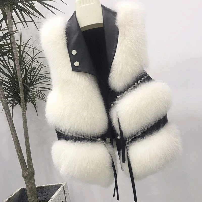 Autumn Winter Splicing Imitation Fox Fur Grass Vest Women Short Jacket 2025New Fashion Versatile Sleeveless Lady Waistcoat Coat Secondary image