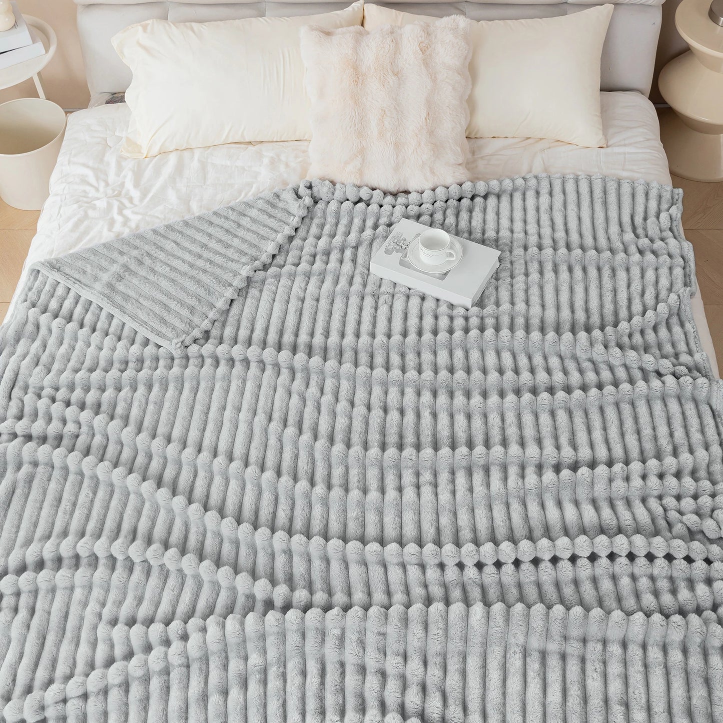 1pc solid color thick wide stripe multifunctional blanket, can be used as bed sheet covering blanket, nap blanket, pet blanket