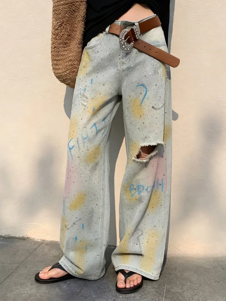 2026 Trend Y2K Style Graffiti Design Vintage Blue Baggy Women's Ripped Jeans Pants For Woman Clothing Straight Denim Trousers