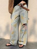 2026 Trend Y2K Style Graffiti Design Vintage Blue Baggy Women's Ripped Jeans Pants For Woman Clothing Straight Denim Trousers