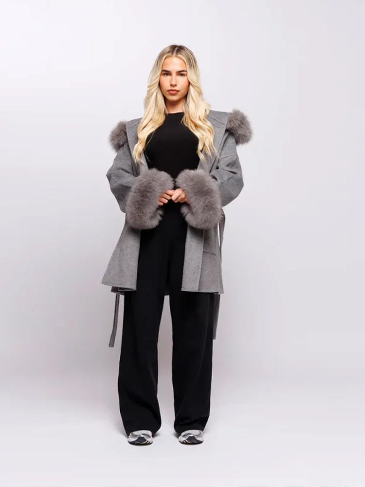 Fashion Hooded Women's Wollen Coat Fur Collar Lace Up Pocket Solid Warm Lady Coats 2025 Autumn Winter Elegant Female Streetwear