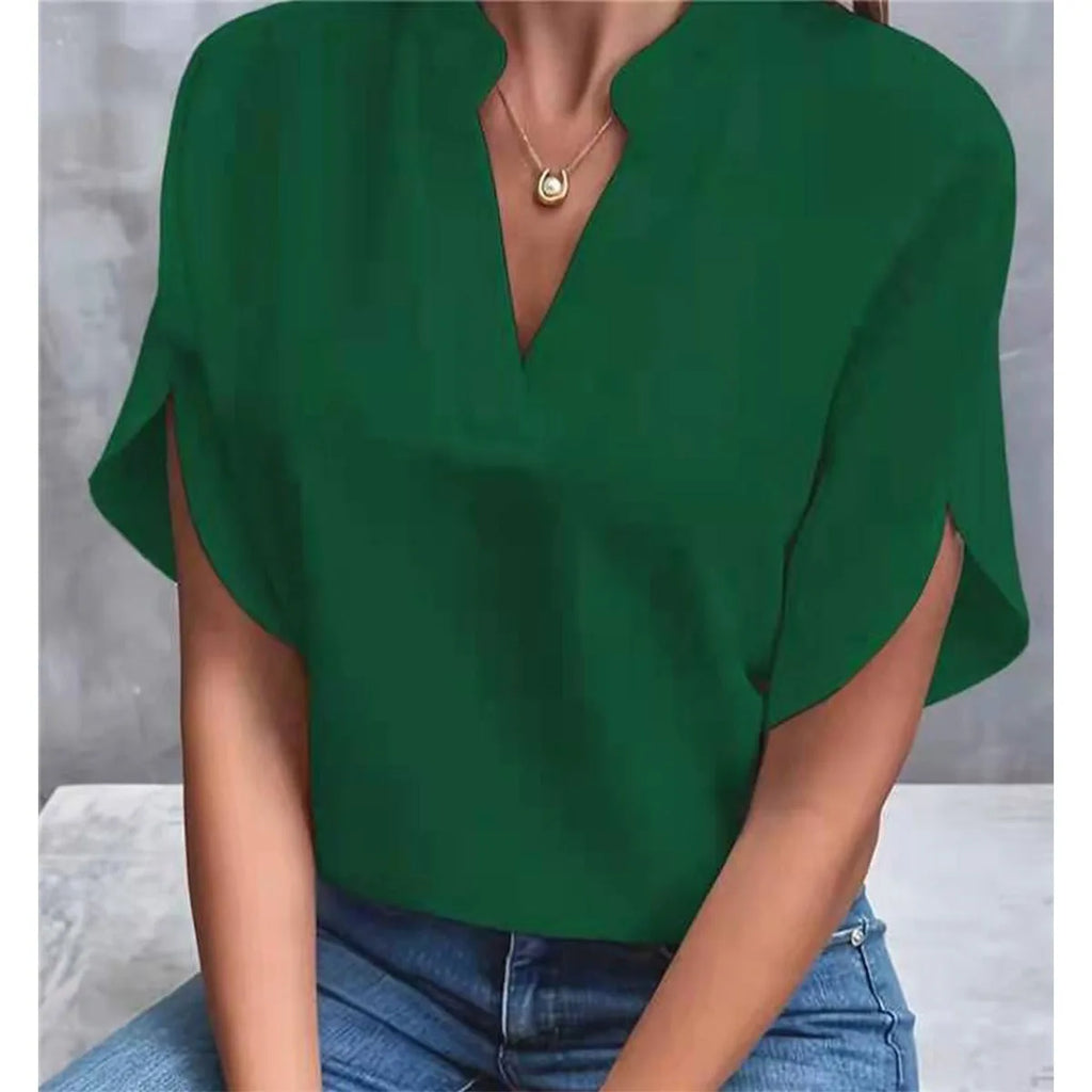 1pcs Woman New Summer Solid Color Shirts Lady Casual Short Sleeve V-neck Collar Loose Shirts Female Fashion Pullover Tops