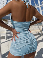 Hollow Out Pleated Halter Mini Dress Casual Slim Fashion New Backless 2025 Women Sexy Bodycon Dress Elegant Summer Party Dresses
