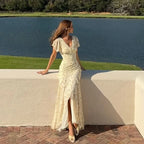 Flutter Sleeves Slim Long Dress Women Casual Pleated Deep V-neck Floral Print High Waist Dresses 2026 Lady Summer Holiday Wear