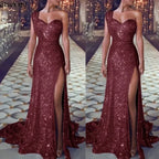 2026 Women's Wedding Party Dress Evening Elegant Sexy Deep V Neck One Shoulder Sleeveless Sequined Long Maxi Dresses For Women