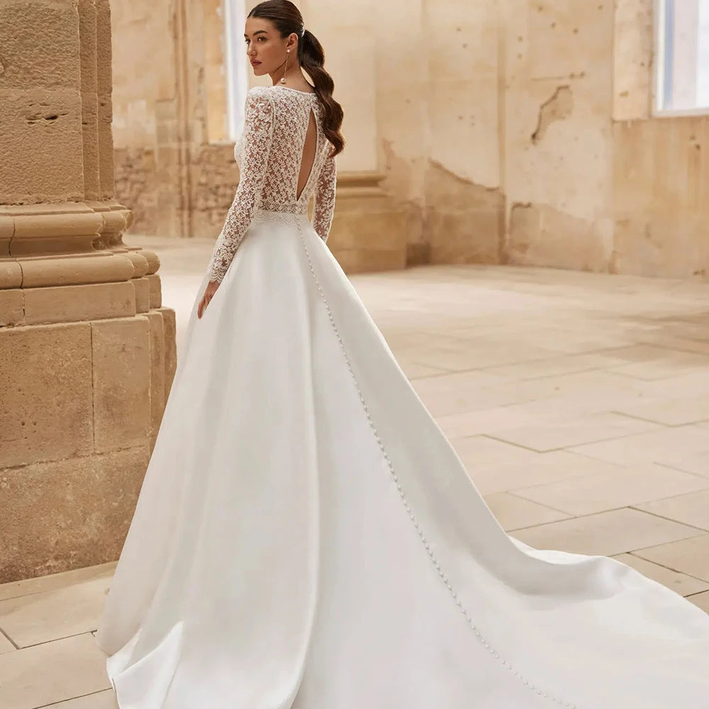 Customized Classic Wedding Dresses Woman's A Line Sexy Appliques Long Sleeve Boat Neck High Split Bride Gowns Formal Vestidos Secondary image