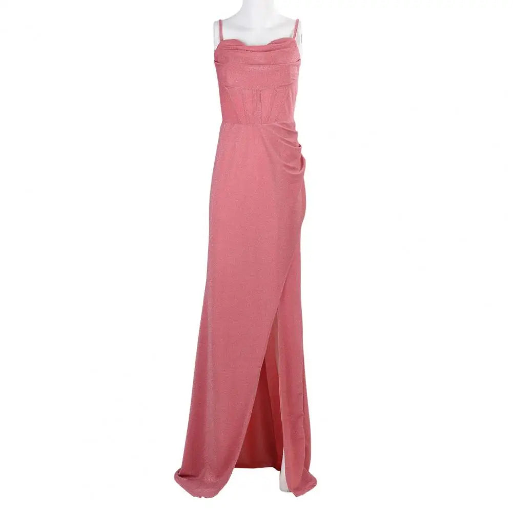 Women Evening Dress Spaghetti Strap Shiny Sequin Off Shoulder Sleeveless Low-cut High Split Loose Floor Length Women Prom Dress