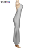 Weird Puss Sexy Backless Women Evening Maxi Dress Folds V-Neck Sleeveless Coquette Elegant Mermaid Matching Banquet Prom Bodycon