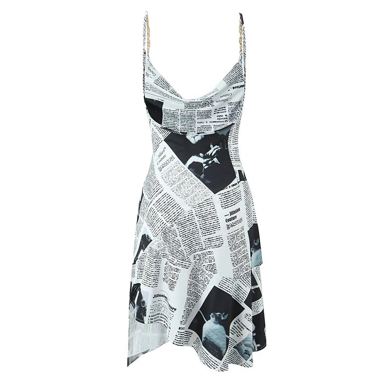 YENKYE New Women Newspaper Letter Print Irregular Hem Sling Dresses Fashion Backless Thin Straps With Chain Summer Sexy Dress Secondary image