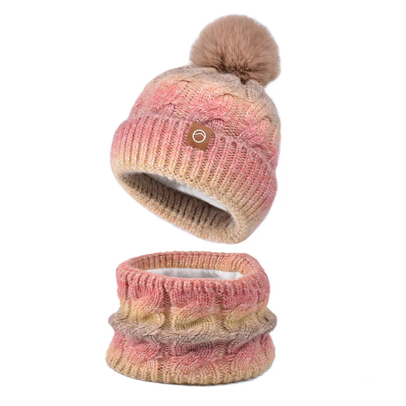 Winter Lady Warm Hat Scarf Two-piece Set Fleece Thickened Gradual Change Color Knitted Skiing Hat Fashion Pullover Hat for Women