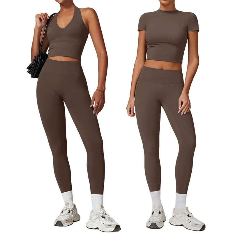 2 Pieces Women Yoga Set Workout Sportswear Gym Clothing Fitness Short Sleeve Crop Top High Waist Leggings Sport Suits Main image