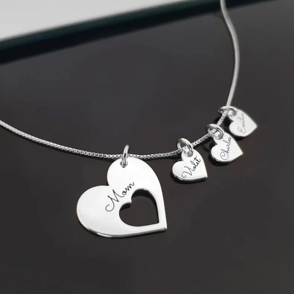 Personalized Name Hearts Necklace For Mom Engraved With Multiple Kids Names Customized Stainless Steel Jewelry Mother's Day Gift