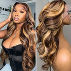 30 Inch Honey Blonde Ombre 13X4 HD Lace Front Wig Human Hair Highlight Body Wave Lace Frontal Wigs Pre Plucked 4/27 Colored