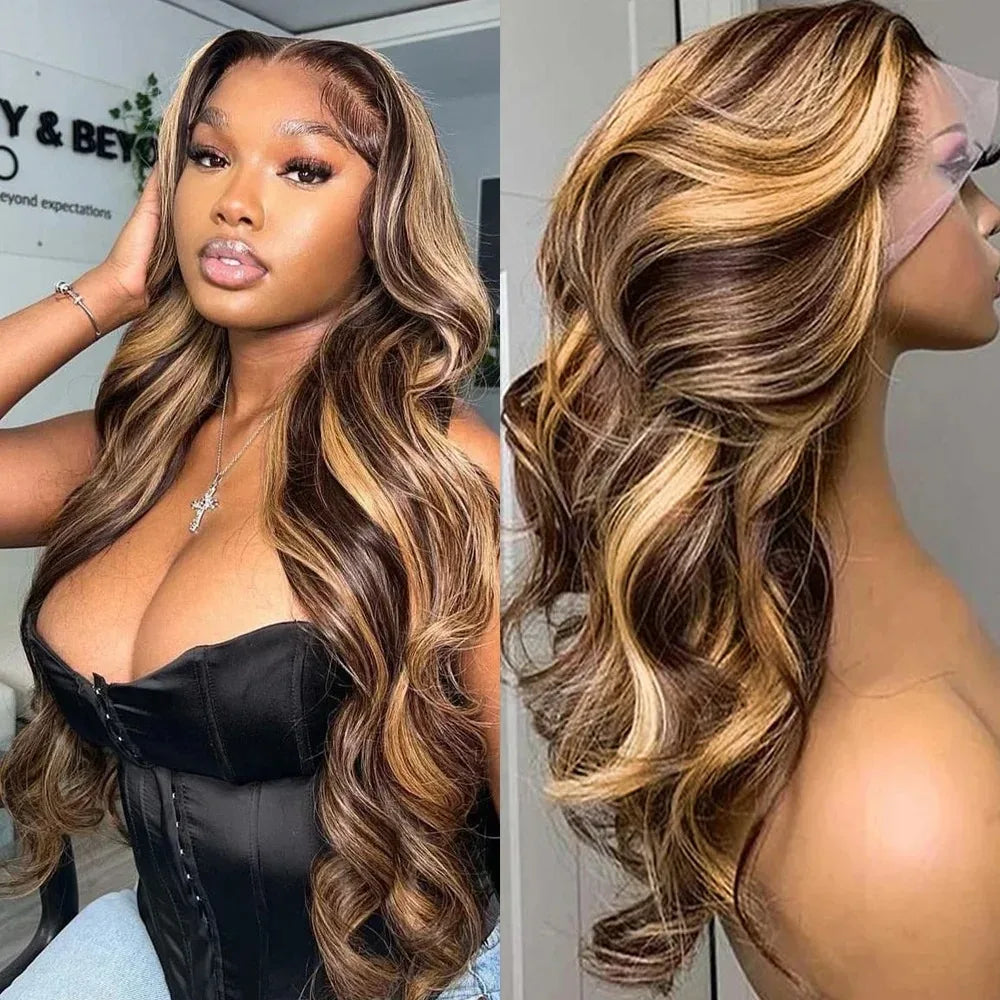 30 Inch Honey Blonde Ombre 13X4 HD Lace Front Wig Human Hair Highlight Body Wave Lace Frontal Wigs Pre Plucked 4/27 Colored