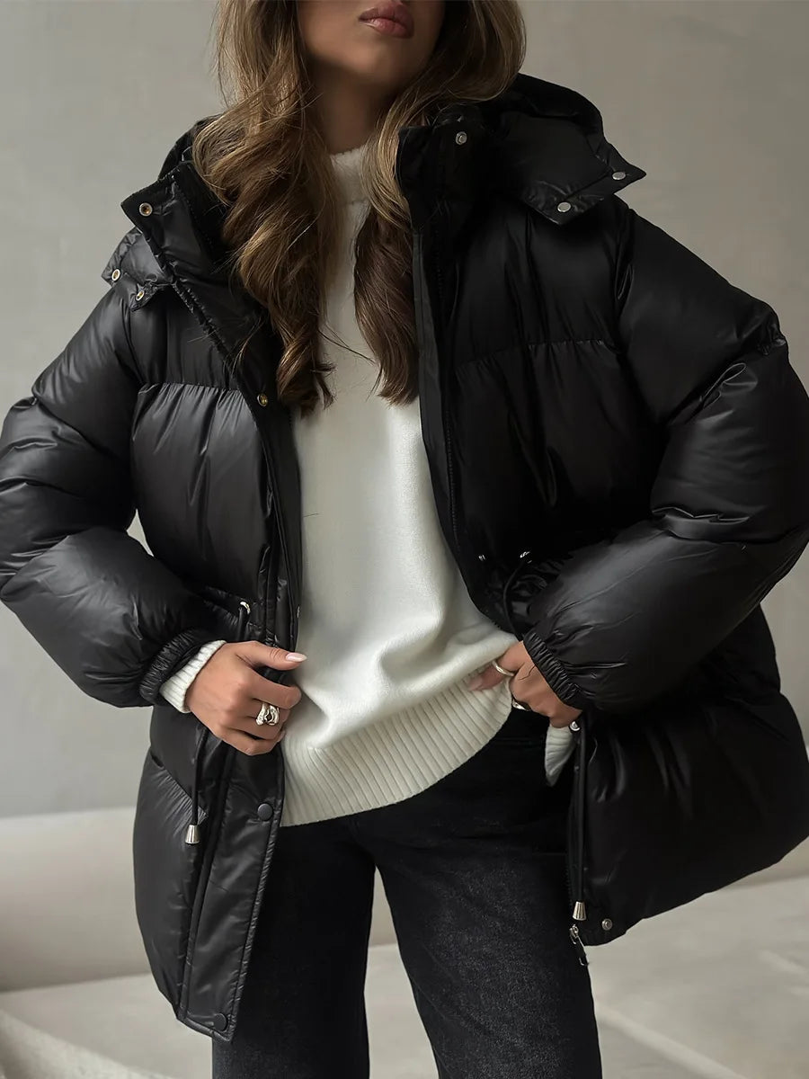 Bornladies Drawstring Slim Fit Cotton Jacket Women's  Winter New Hooded Zipper Cotton Robe Comfortable Warm Bread Jacket