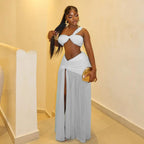 Mesh Ruched Sexy Club Outfits Woman 2026 Birthday Strapless Crop Top and High Split Long Skirt 2 Piece Set Conjuntos Femininos