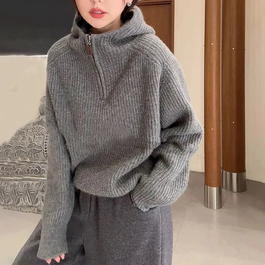 Gray Zipper Knitted Sweater Women's Style Lazy Fashion Anti-Aging Design Top Winter High-End Feeling Self-Confident Elegant