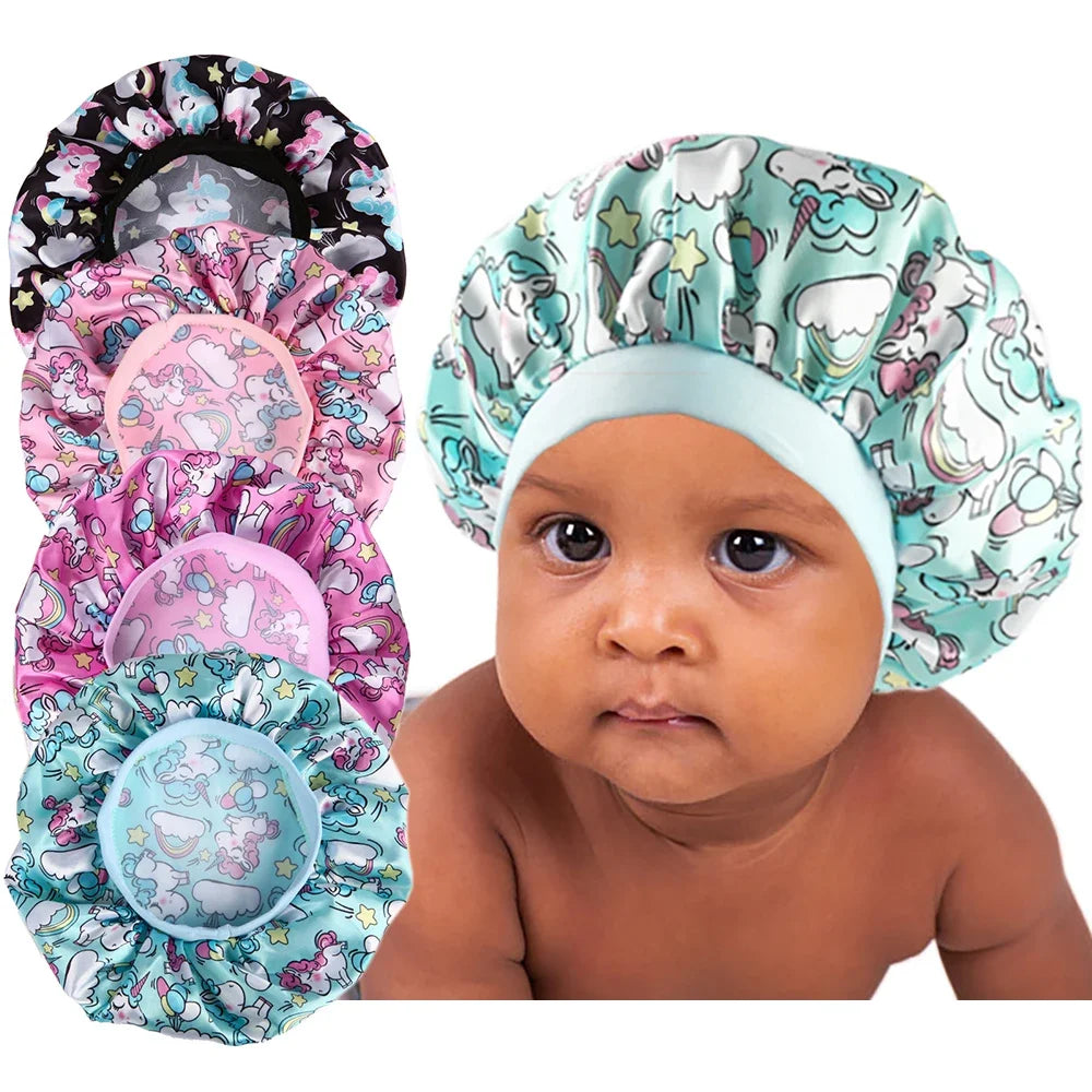New Baby Unicorn Cartoon Print Satin Night Sleep Cap Elastic Wide Band Bonnet Hair Cover Hat Beanie Salon Bath Spa Shower Caps Main image