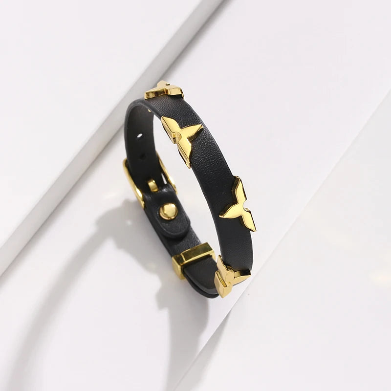 Fashion Leather Bracelet for Women Men with Gold Tone Butterfly Studs, Adjustable Wristband, 6 Colors Available, Trendy Gift