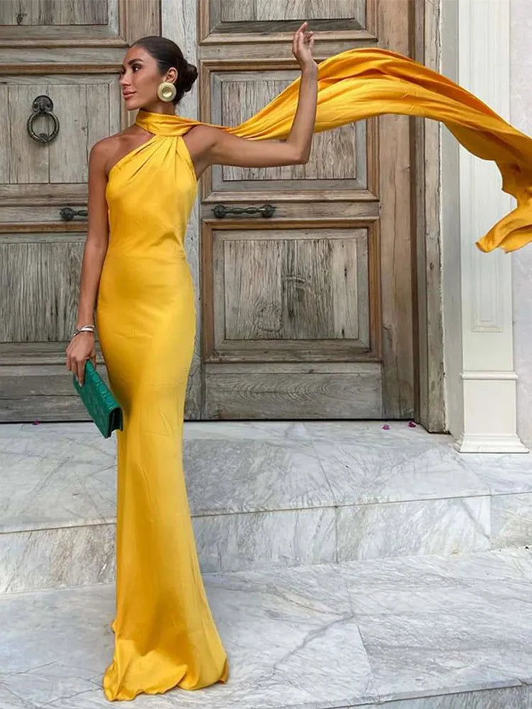 Elegant Ribbon Halter Dress Women Solid Off Shoulder Sleeveless Backless Slim Maxi Dresses 2026 Summer Autumn Party Robes Lady Secondary image