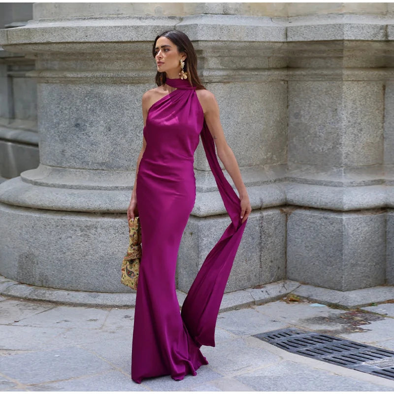 Elegant Ribbon Halter Dress Women Solid Off Shoulder Sleeveless Backless Slim Maxi Dresses 2026 Summer Autumn Party Robes Lady