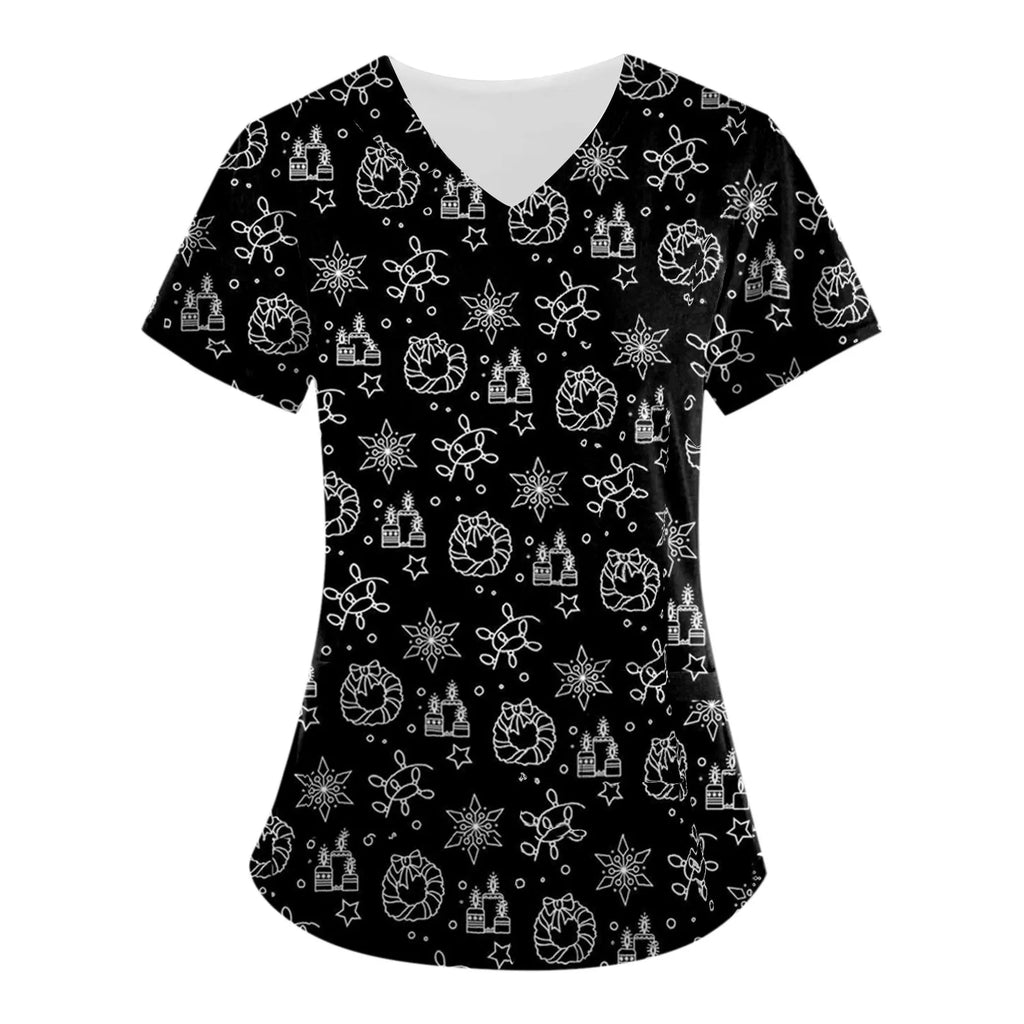 Christmas Clinical Uniform Woman Cartoon Print Uniforms Casual V-Neck Nurse Uniform Woman Tops With Pocket Scrub Tops